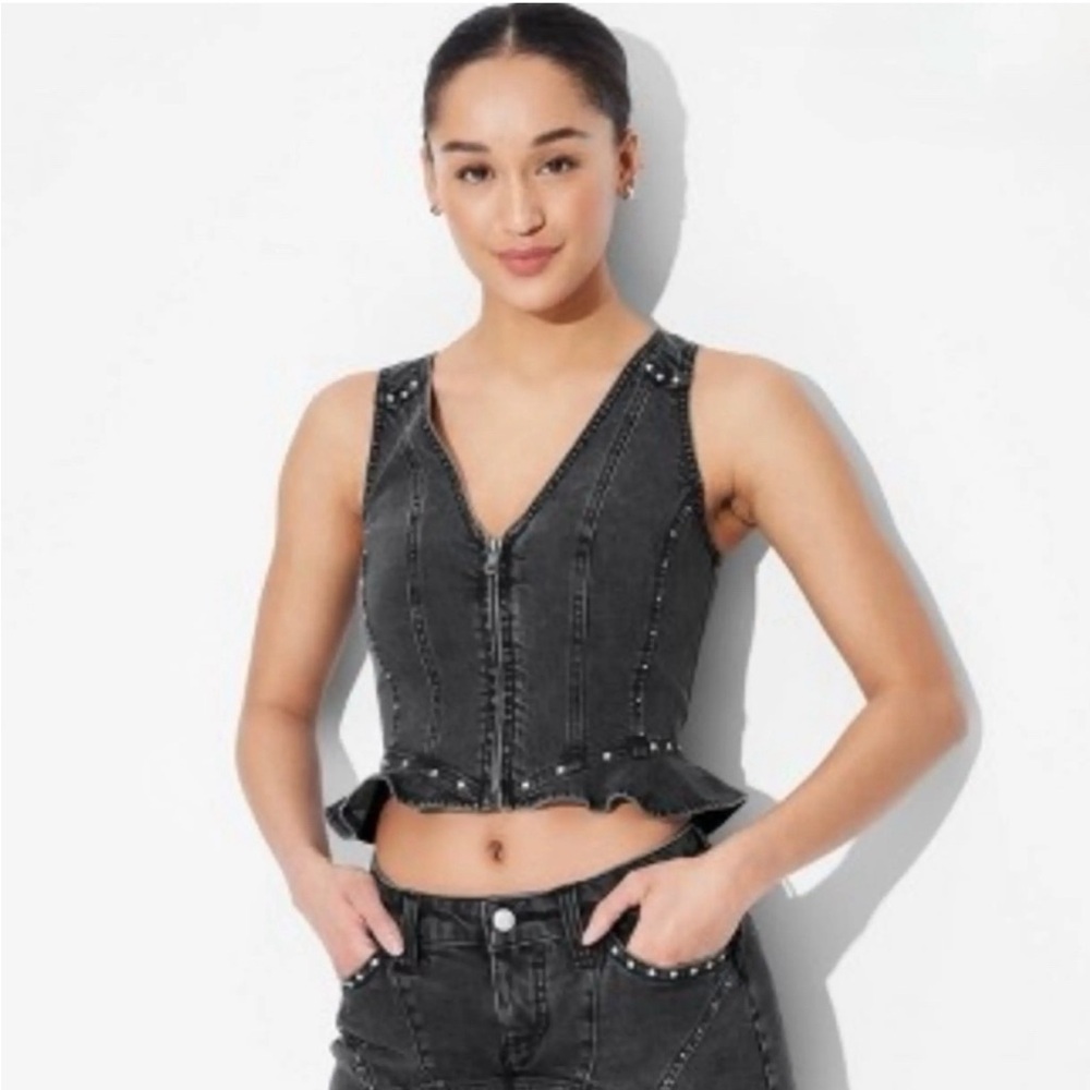 Wild Fable Black Denim Ruffles Silver Studs Vest Sz XXS NWT